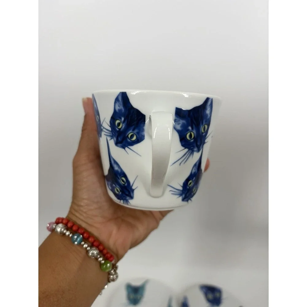 IKEA Katie Eary Designer Blue Cat Faces Breakfast Tea Cup & Saucer Mug 2016